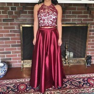 Red Two Piece Satin Prom Dress Petite